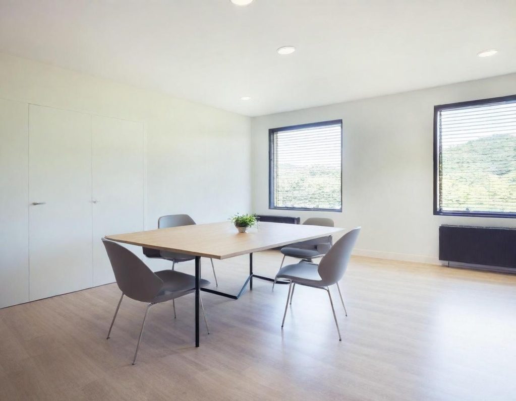 Sala de reuniones con mesa, sillas y grandes ventanas que ofrecen vista al exterior.