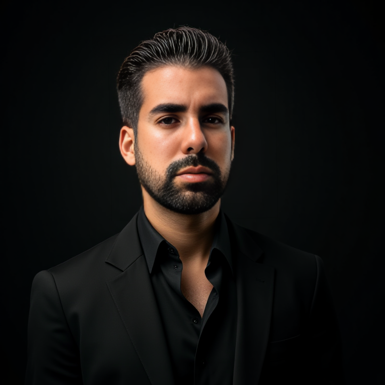 Hombre con barba y peinado elegante, vestido con traje negro en fondo oscuro.