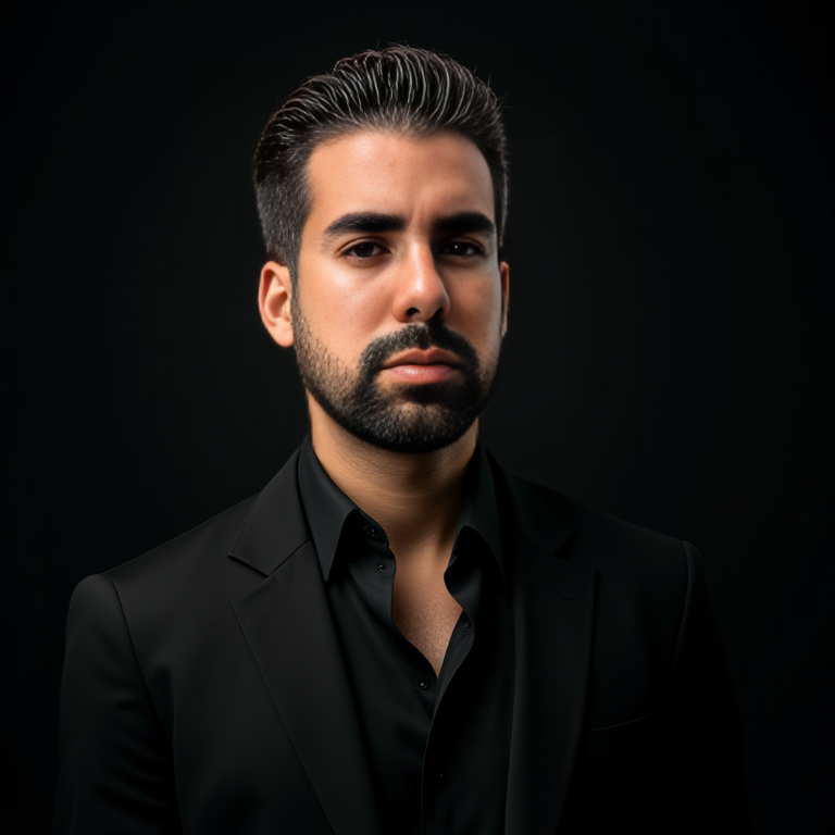 Hombre serio con cabello corto, vestido de negro y fondo oscuro.